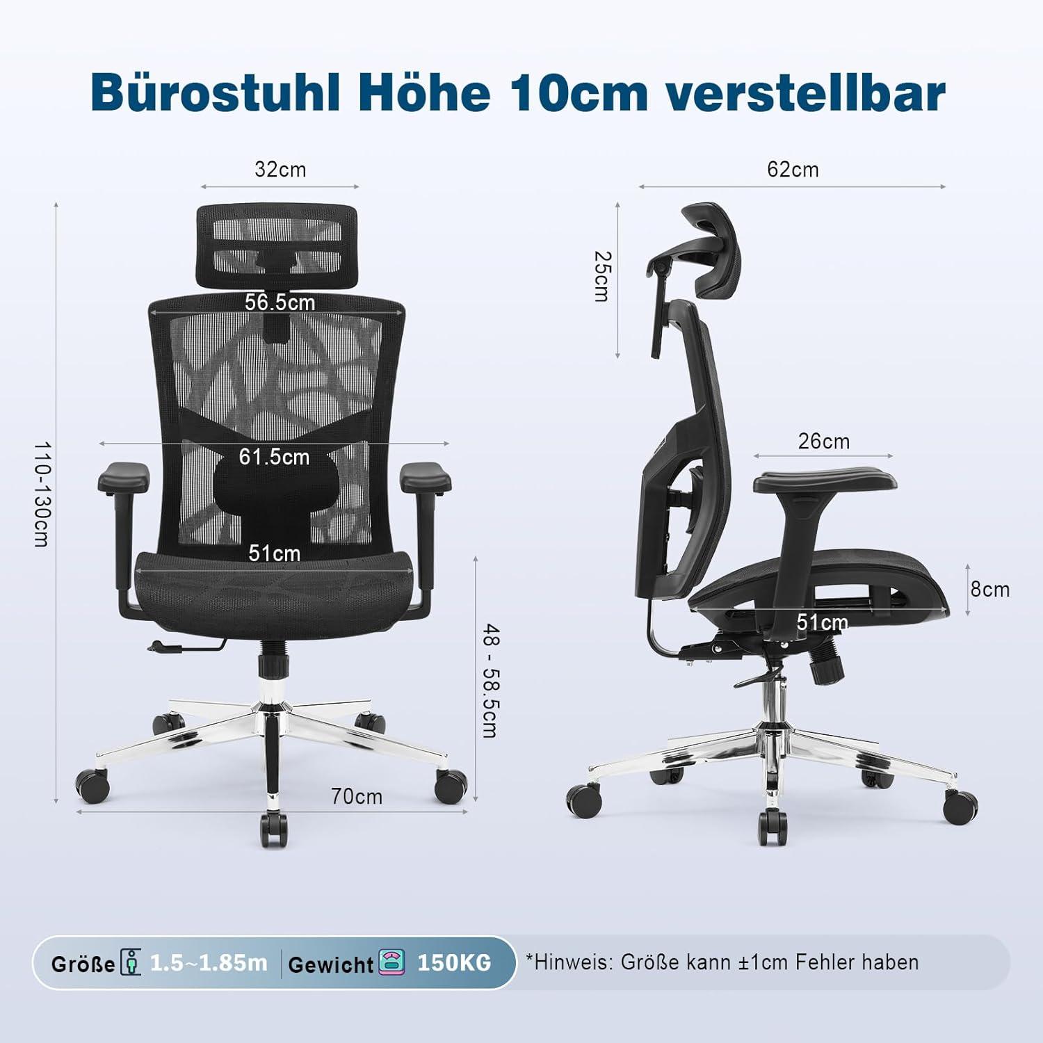 Ergonomischer Bürostuhl mit Verstellbarer Rückenlehne und 3D-Armlehnen