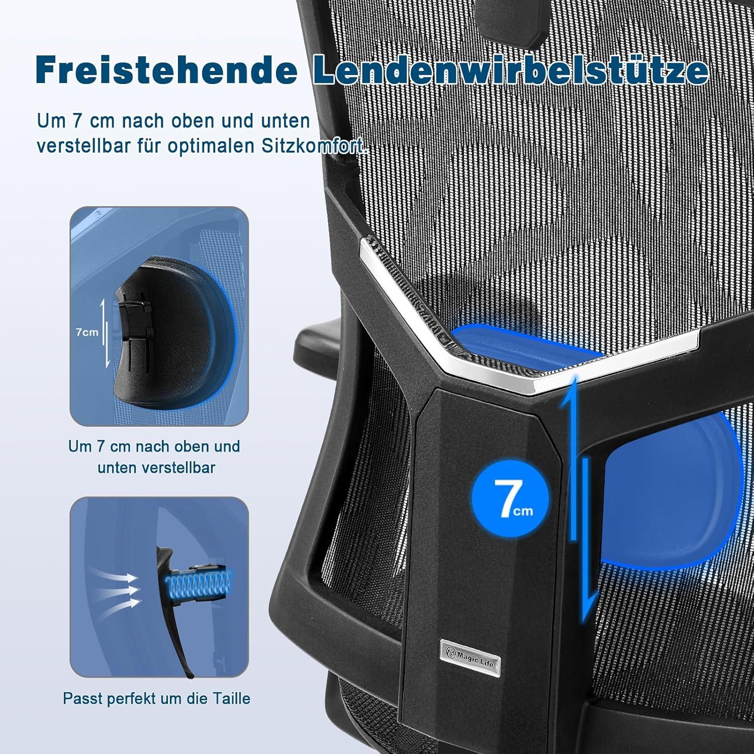 Ergonomischer Bürostuhl mit 3D-Armlehnen, Kopfstütze, Mesh, Höhenverstellung