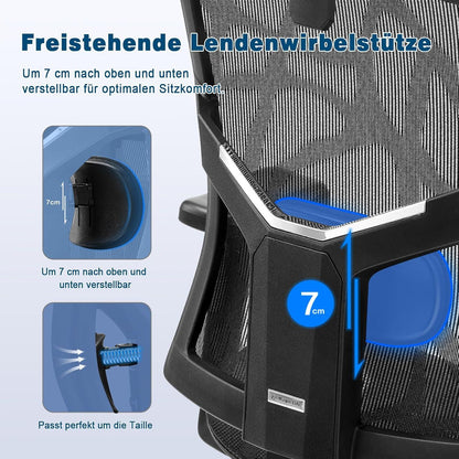 Ergonomischer Bürostuhl mit 3D-Armlehnen, Kopfstütze, Mesh, Höhenverstellung