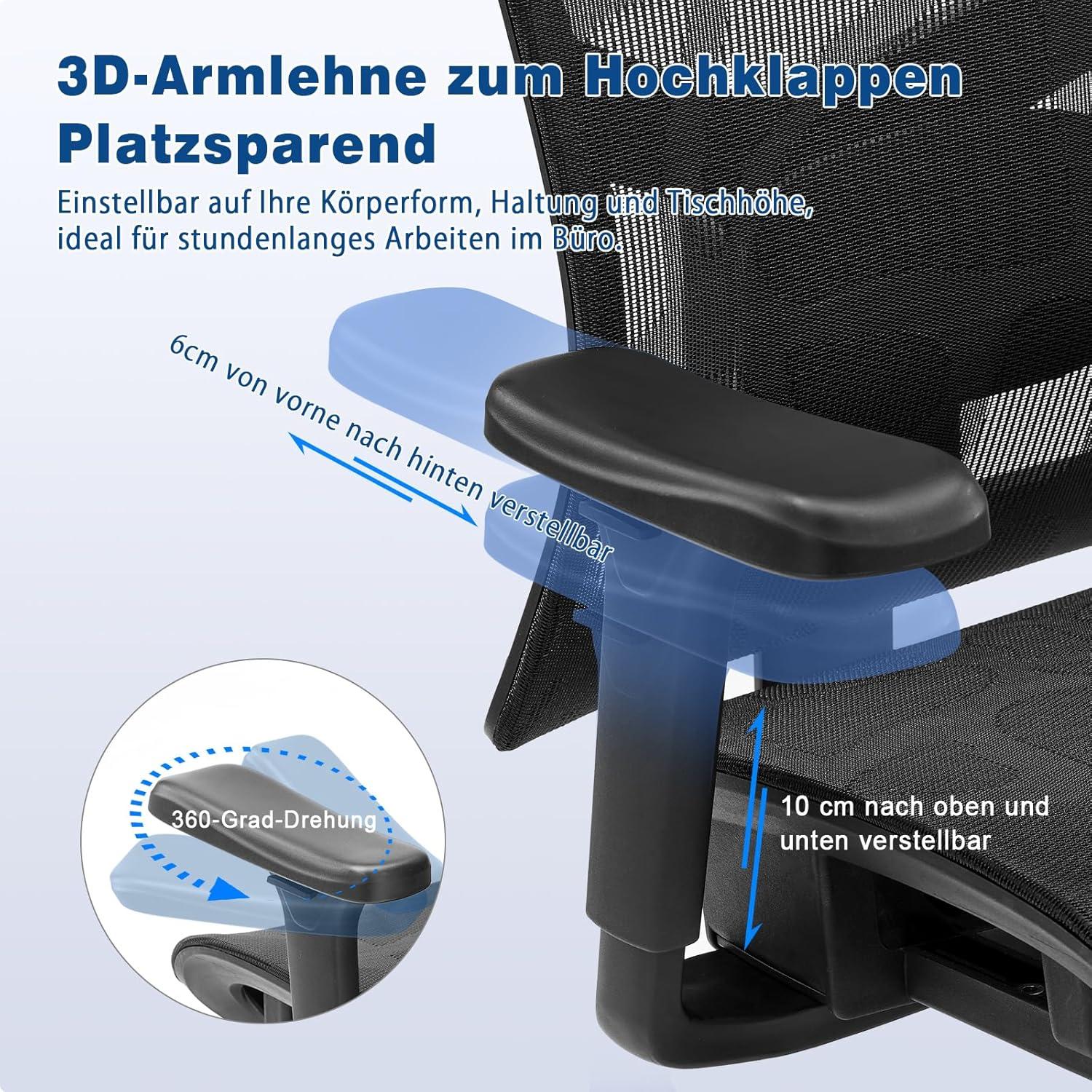 Ergonomischer Bürostuhl mit 3D-Armlehnen, Kopfstütze, Mesh, Höhenverstellung