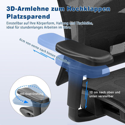 Ergonomischer Bürostuhl mit 3D-Armlehnen, Kopfstütze, Mesh, Höhenverstellung