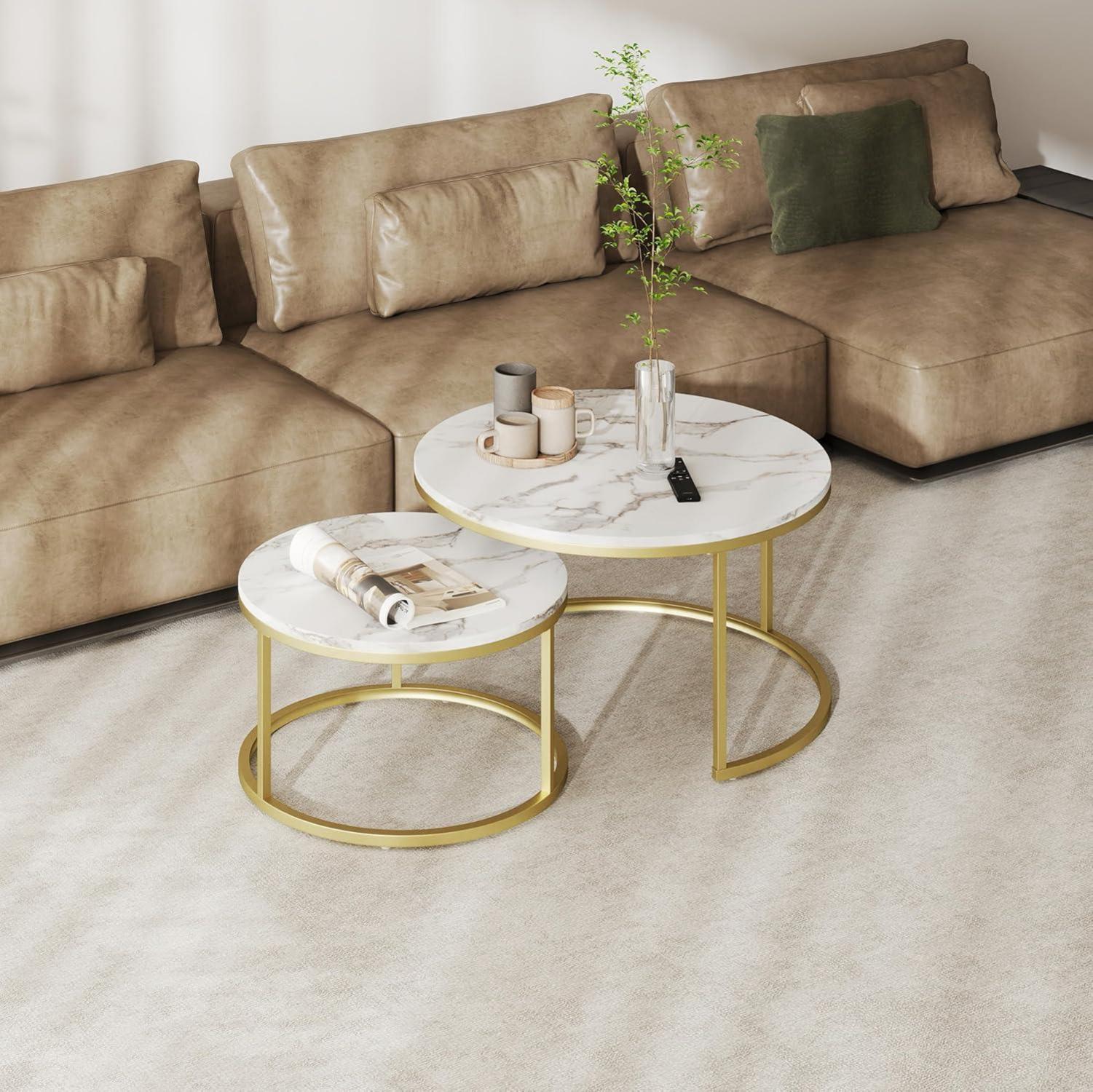 Set Couchtisch Marmor Gold Weiß Modern 80x80 & 60x60cm