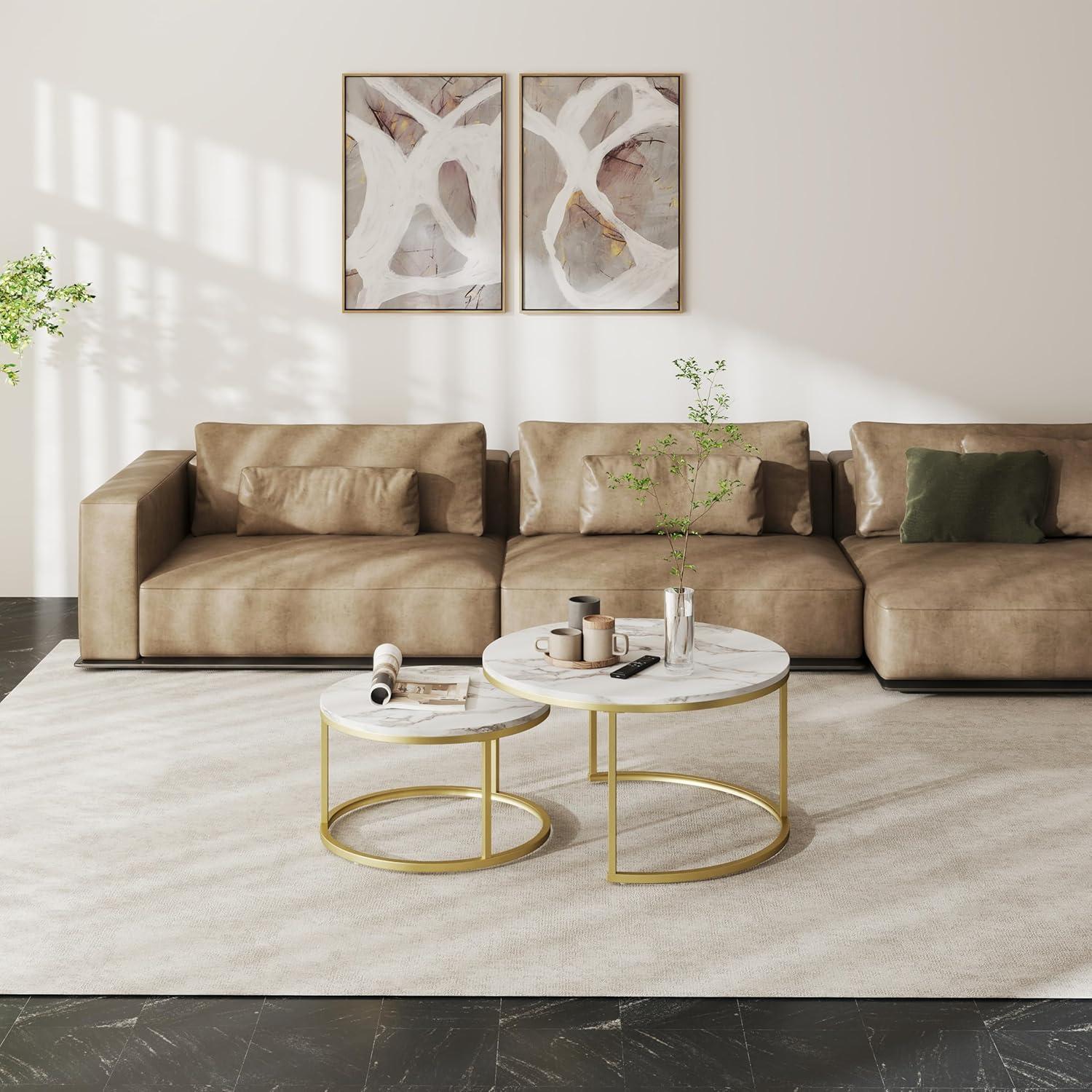 Couchtisch 2er Set Marmor Gold Weiß Rund Modern 80x80cm 60x60cm