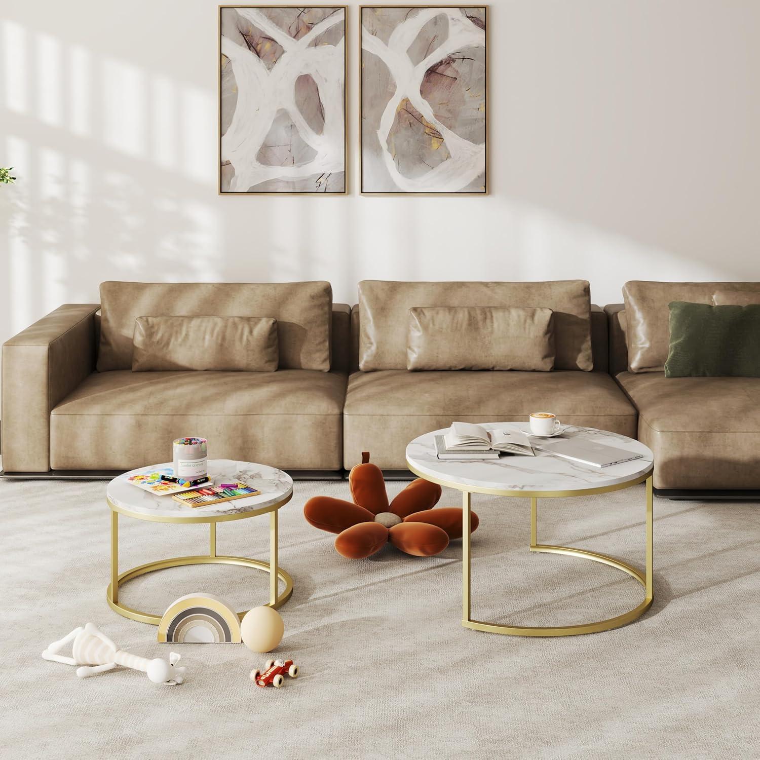 Marmor Couchtisch Set Gold Weiß Rund Modern 80x80 & 60x60 cm
