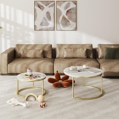 Marmor Couchtisch Set Gold Weiß Rund Modern 80x80 & 60x60 cm