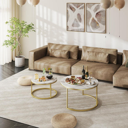 Couchtisch 2er Set Marmor Gold Weiß Rund Modern 80 x 80 cm & 60 x 60
