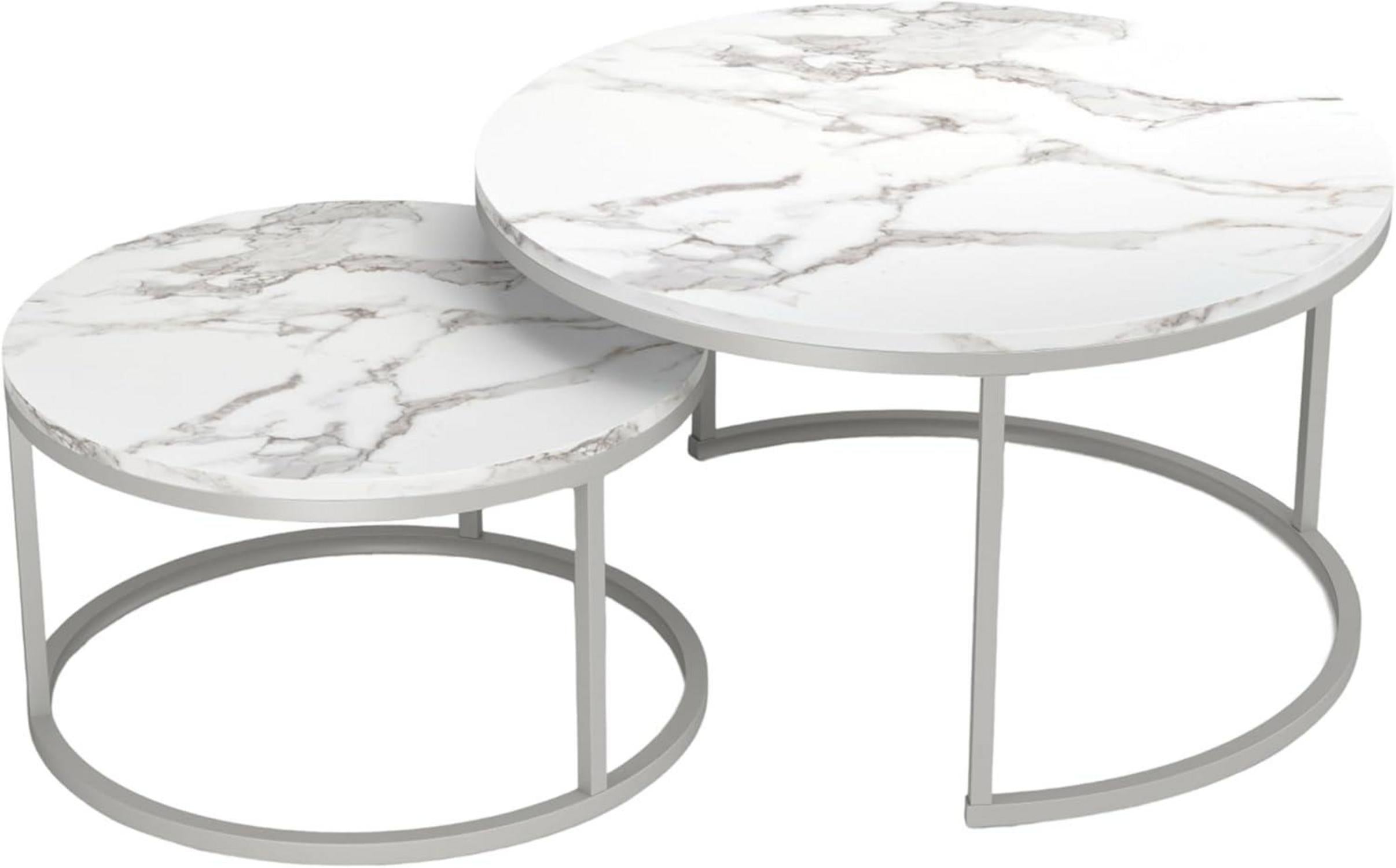 Modernes 2er-Set Couchtisch Marmor Optik Weiß Silber