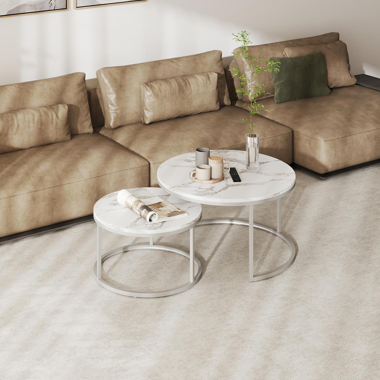 Runder Couchtisch Marmor Optik Weiß Silber 2er Set 80x80cm