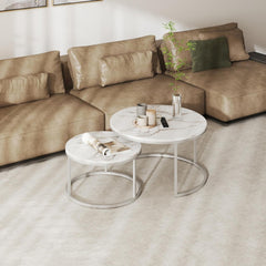 Runder Couchtisch Marmor Optik Weiß Silber 2er Set 80x80cm