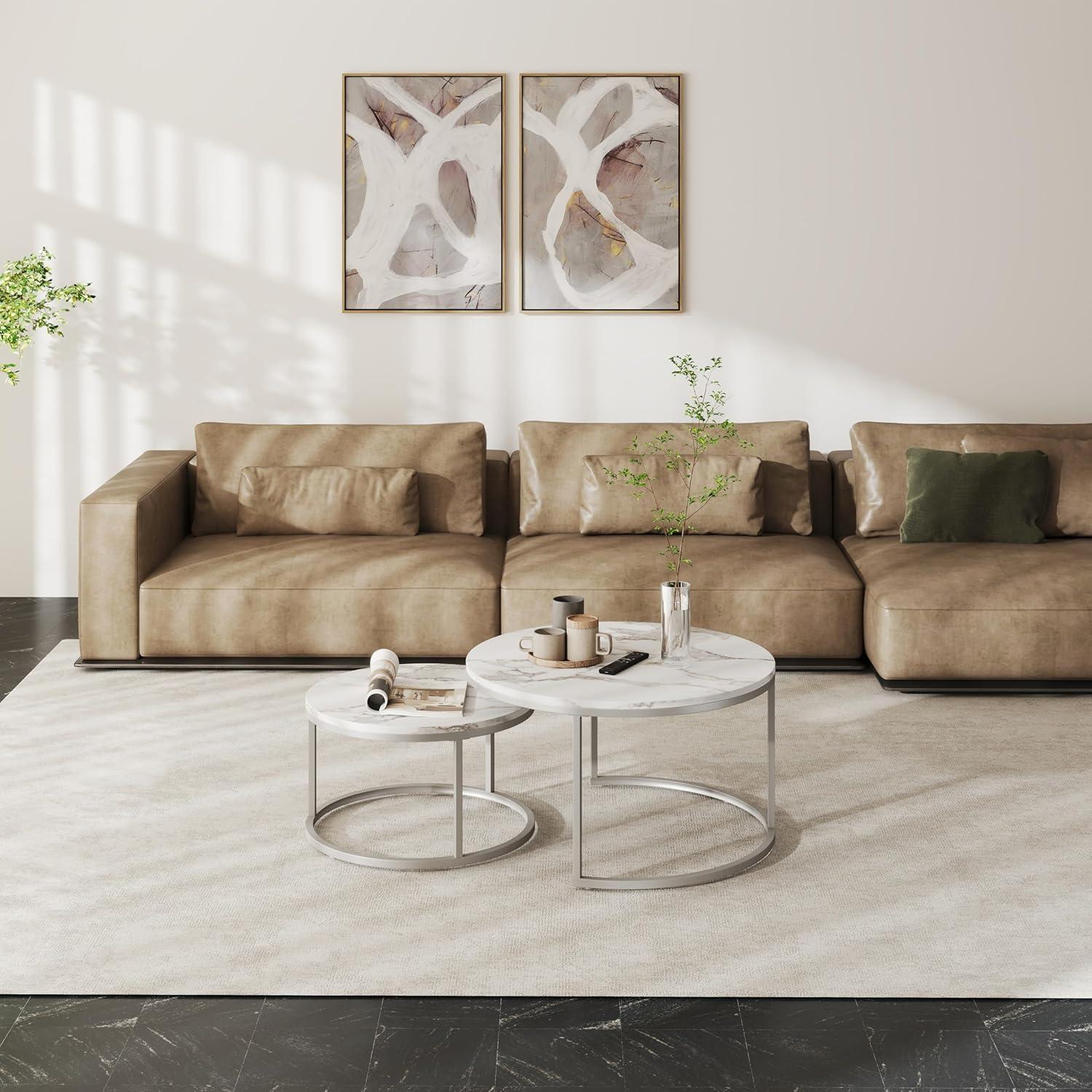 Couchtisch Set Marmor Optik Weiß Silber rund 80 x 80 cm & 60 x 60 cm