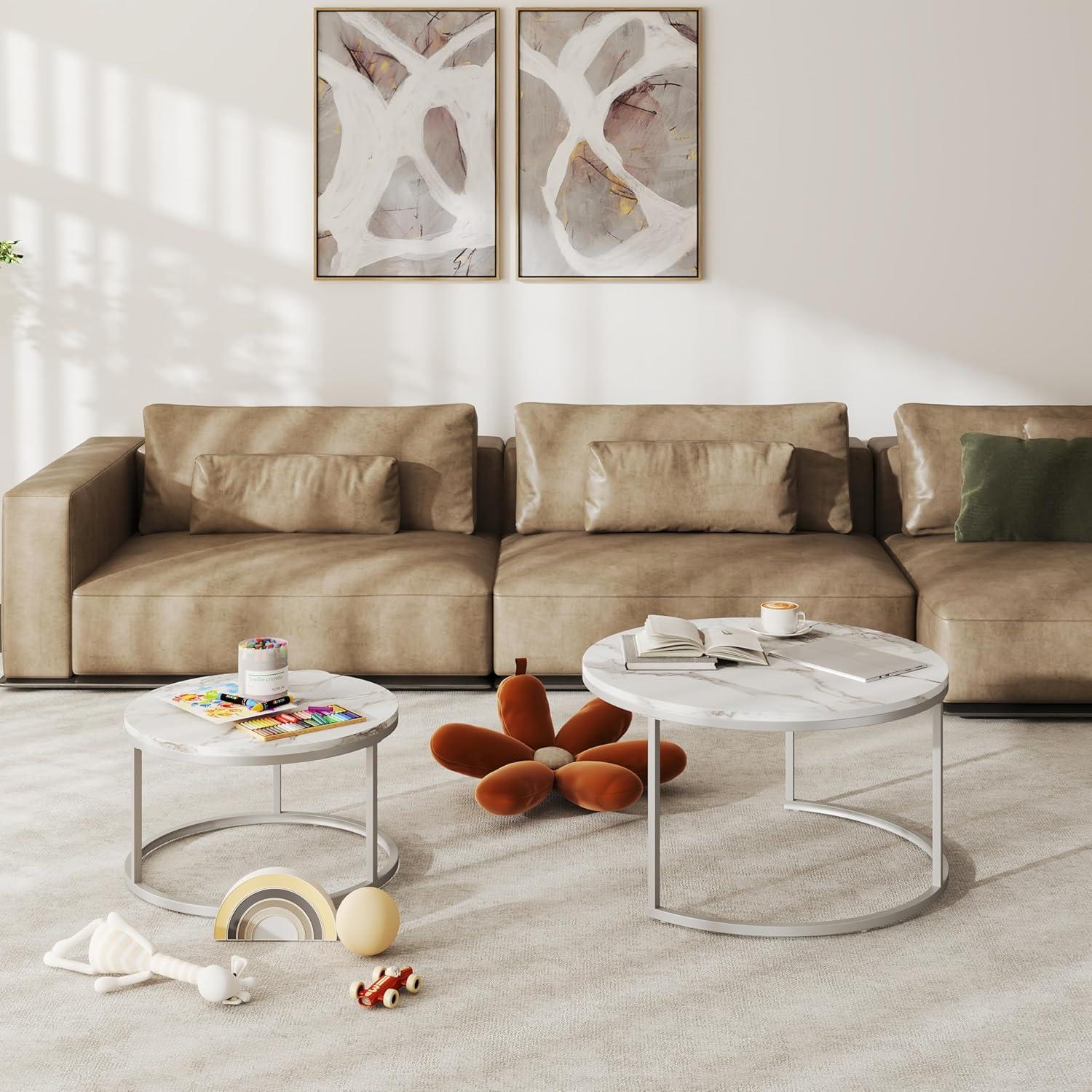 Runder Marmor Couchtisch Weiß Silber 80x80cm 60x60cm