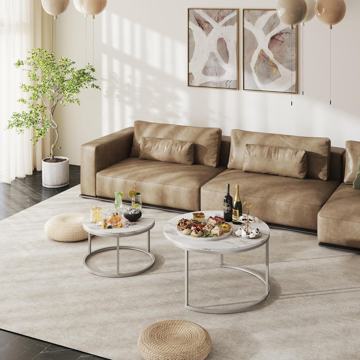 Couchtisch Marmor Optik Runder Wohnzimmertisch Weiß Silber Satztische