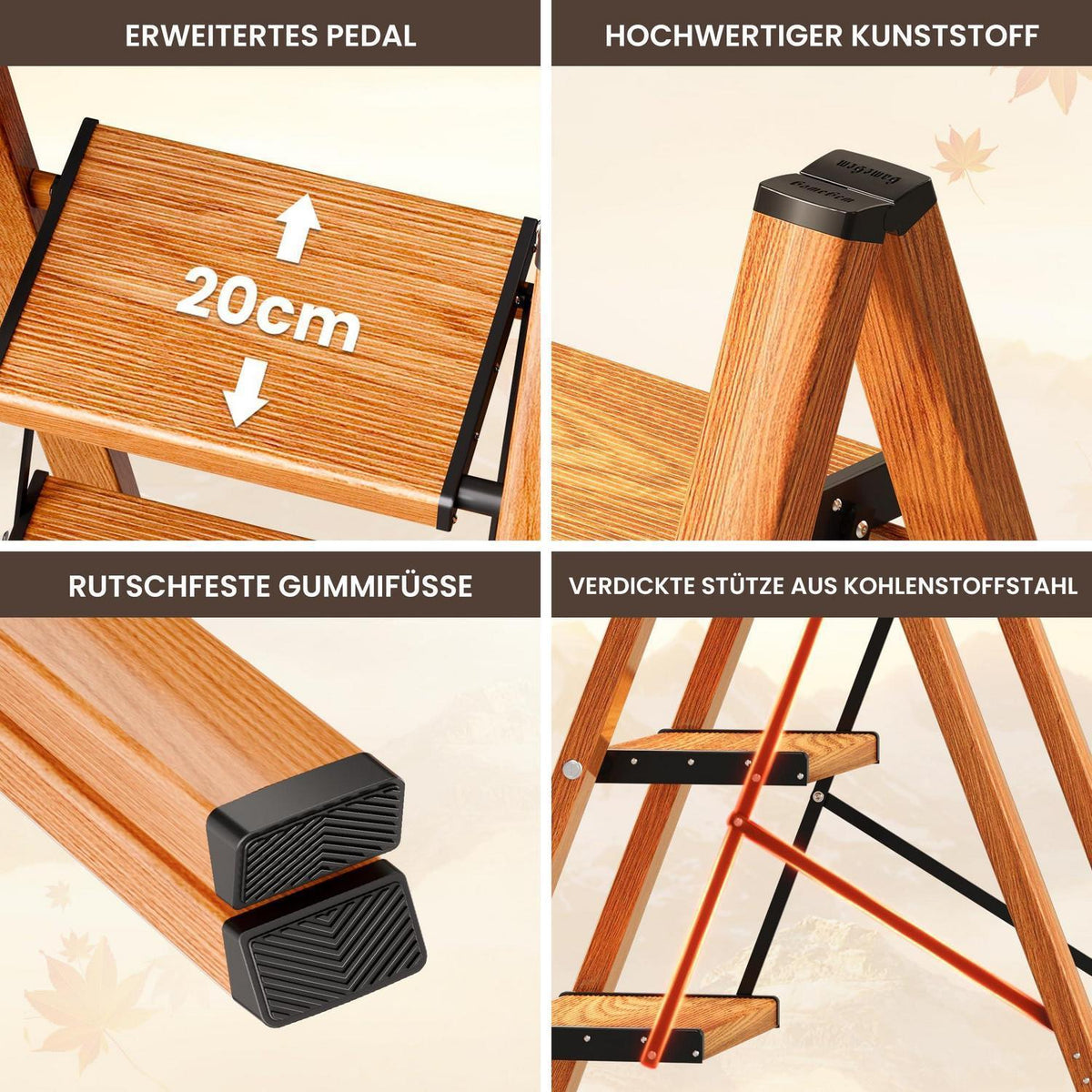 2 Stufen Trittleiter klappbar Holzoptik Aluminium