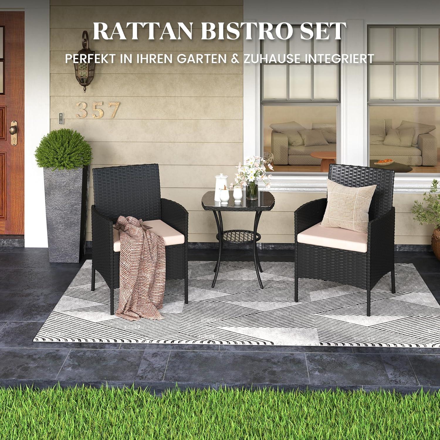 Rattan Gartenmöbel Set Wetterfest 3 teilig Schwarz