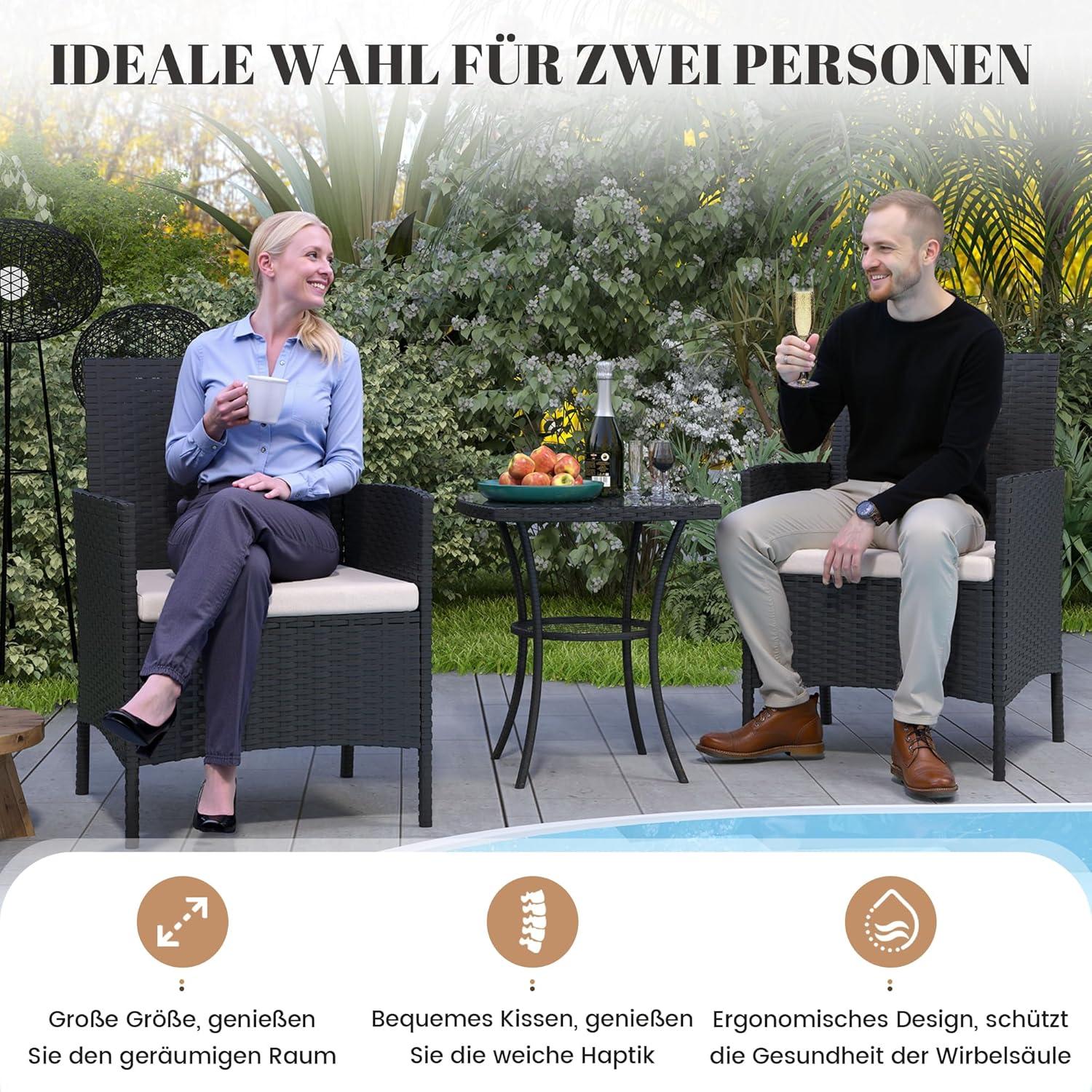 Amopatio Rattan Gartenmöbel Set 3 teilig Schwarz Wetterfest