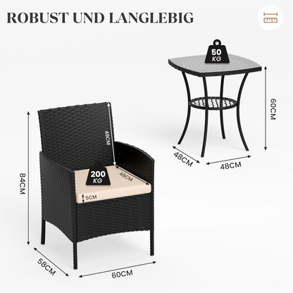Amopatio 3tlg. Balkonmöbel Set Rattan Schwarz Wetterfest