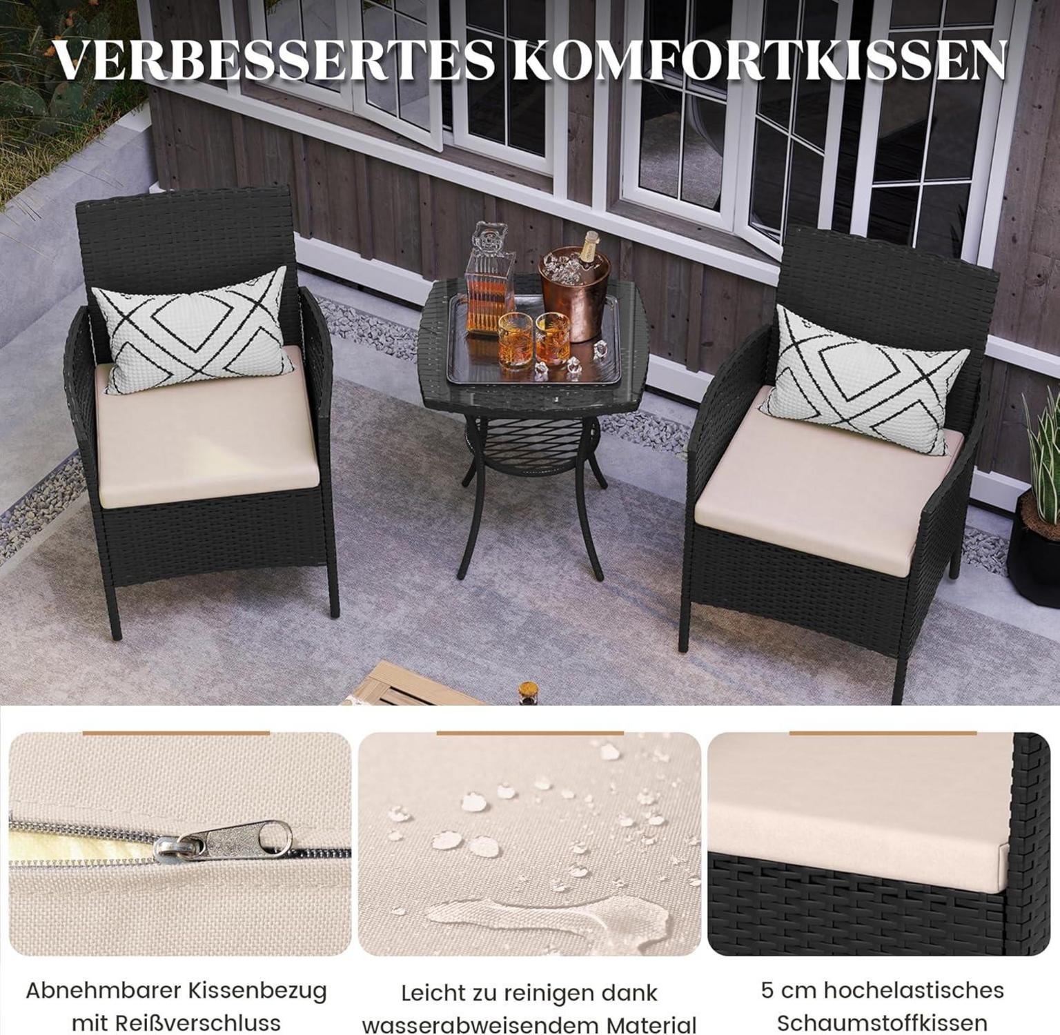 Amopatio 3tlg. Balkonmöbel Set Rattan Schwarz Wetterfest