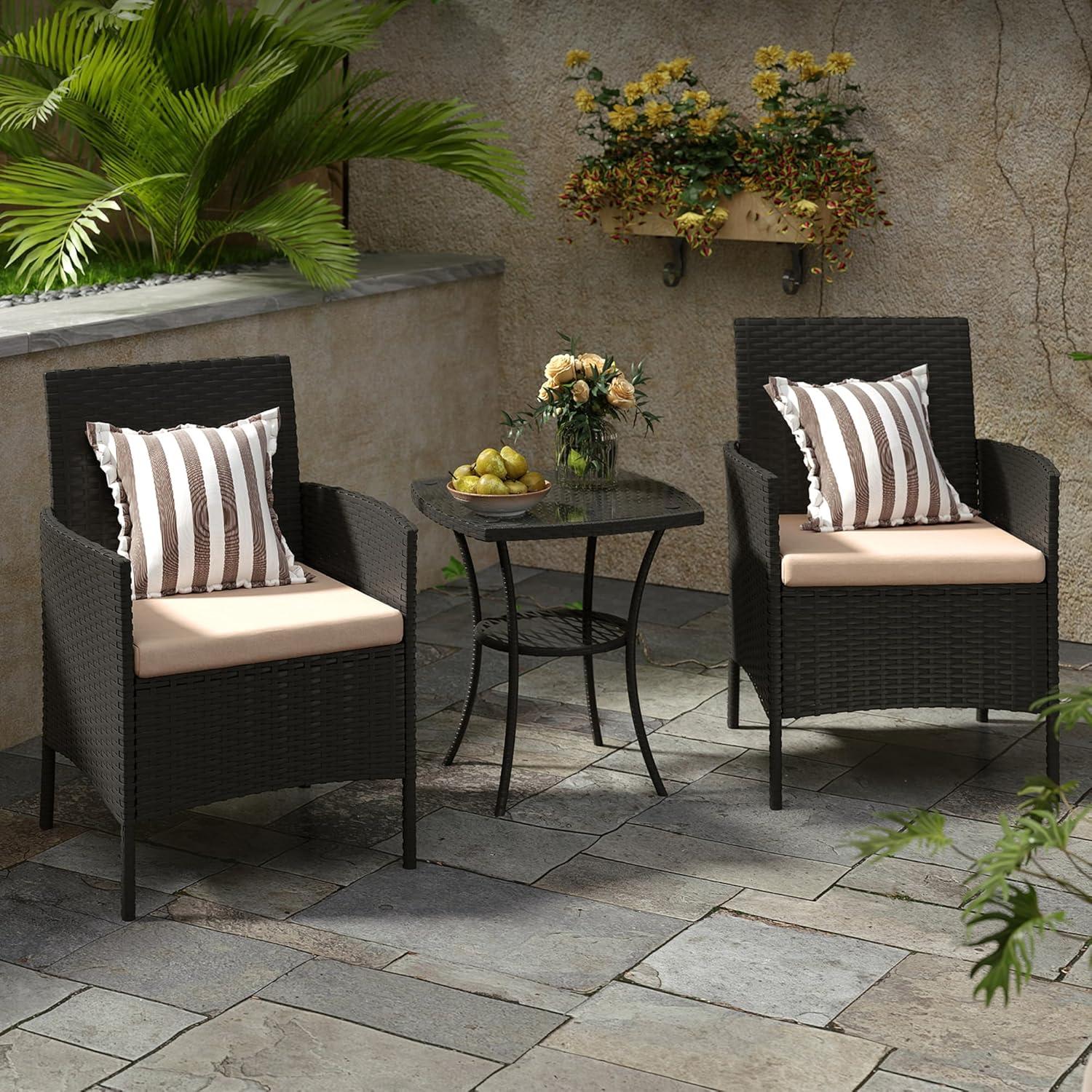 Amopatio Rattan Gartenmöbel Set 3 teilig Schwarz Wetterfest