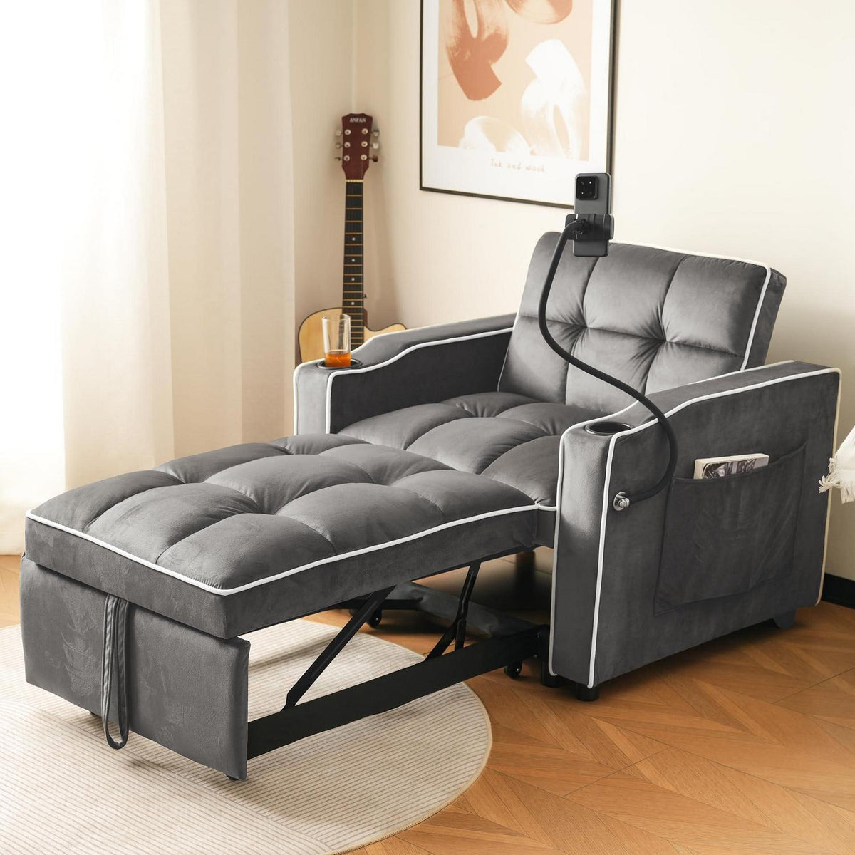 3-in-1 Schlafsofa mit Becherhaltern & Handyhalter – Dunkelgrau