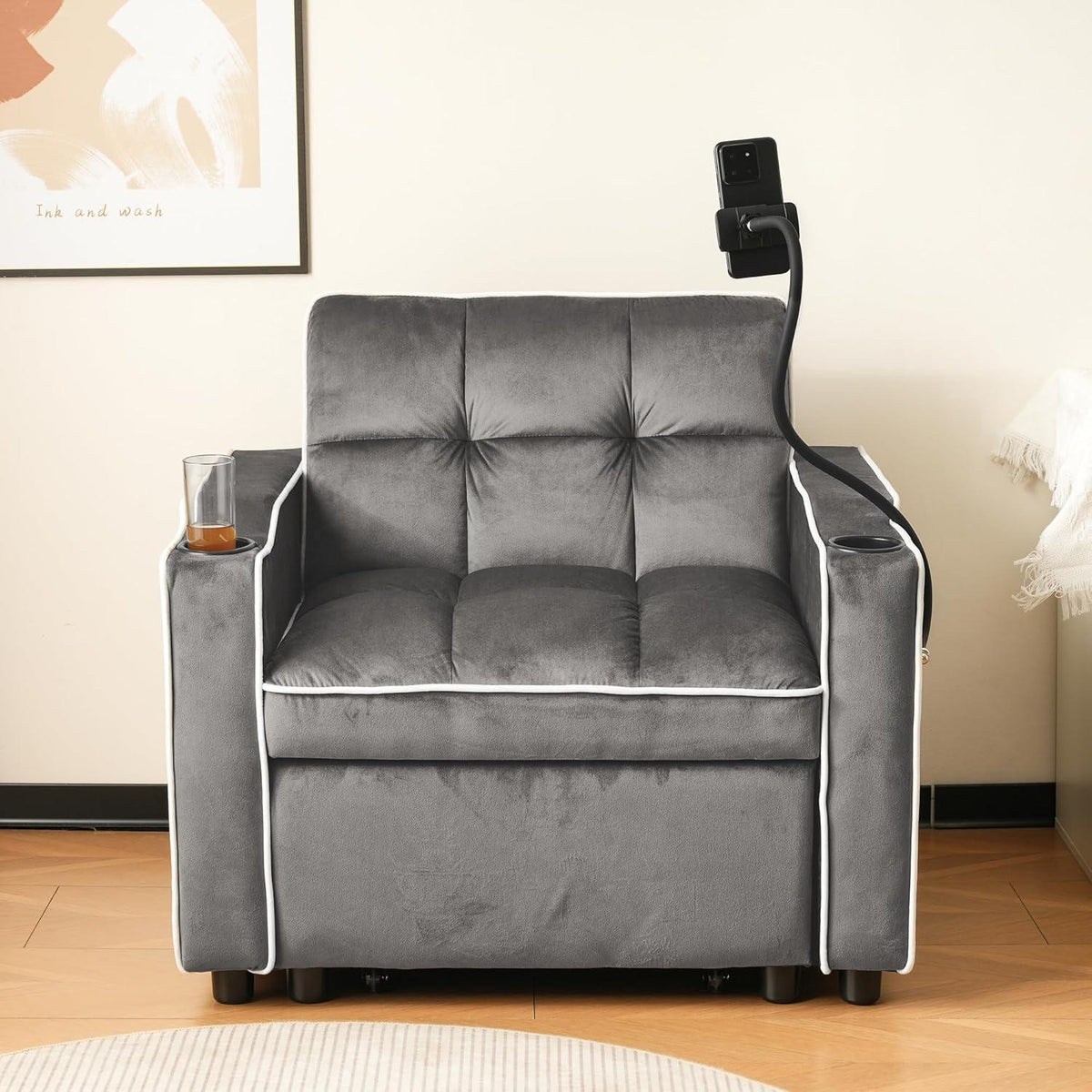 3-in-1 Schlafsofa mit Becherhaltern & Handyhalter – Dunkelgrau