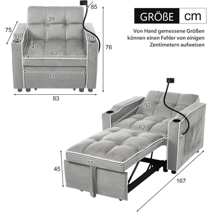 3-in-1 Schlafsofa mit Becherhaltern & Handyhalter – Antik Grau Weiß B