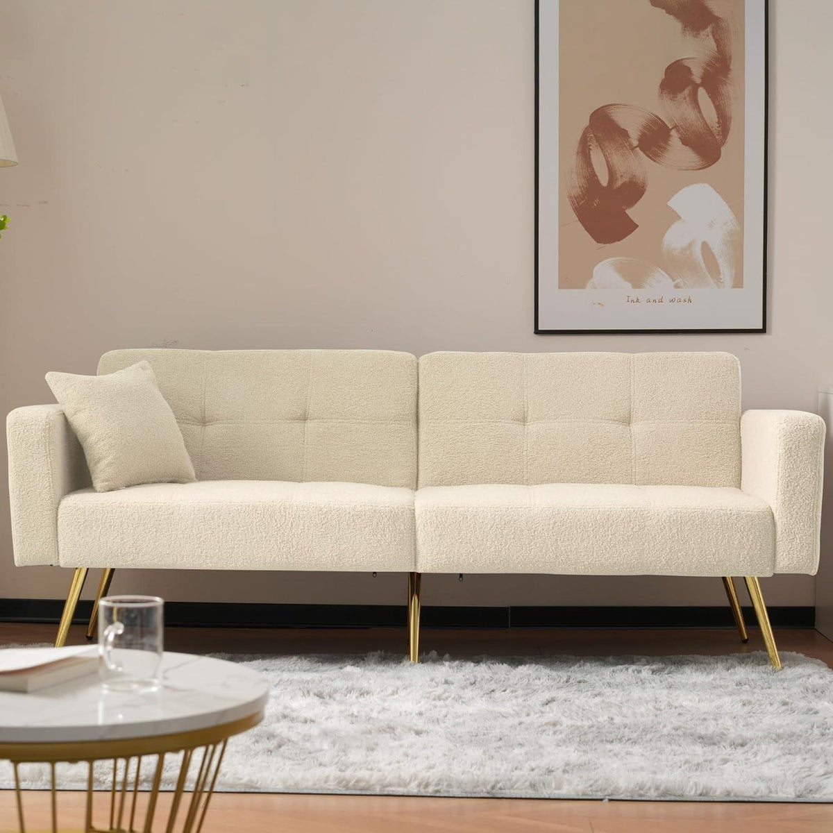 2-in-1 Schlafsofa mit verstellbarer Rückenlehne & goldenen Beinen (Beige)