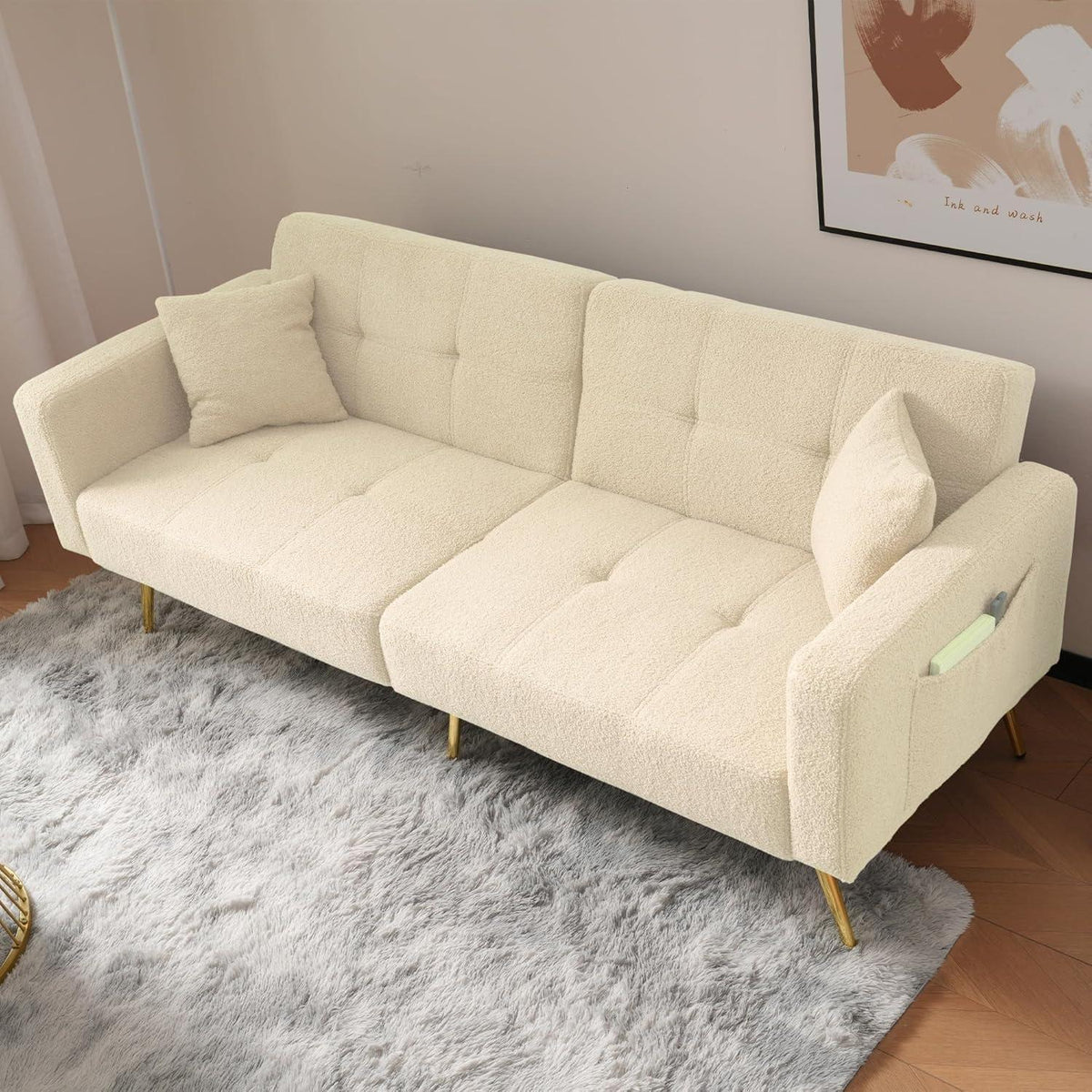2-in-1 Schlafsofa mit verstellbarer Rückenlehne & goldenen Beinen (Beige)