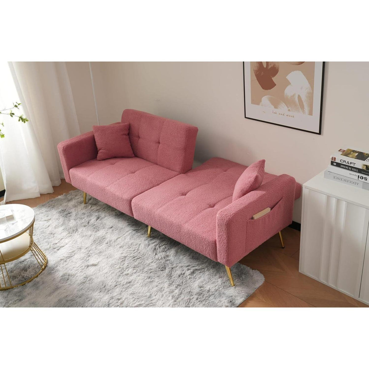 Rosa Schlafsofa mit verstellbarer Rückenlehne & goldenen Beinen