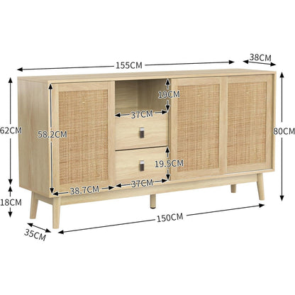 Rattanschrank 155cm mit 3 Türen & 2 Schubladen – Sideboard Kommode