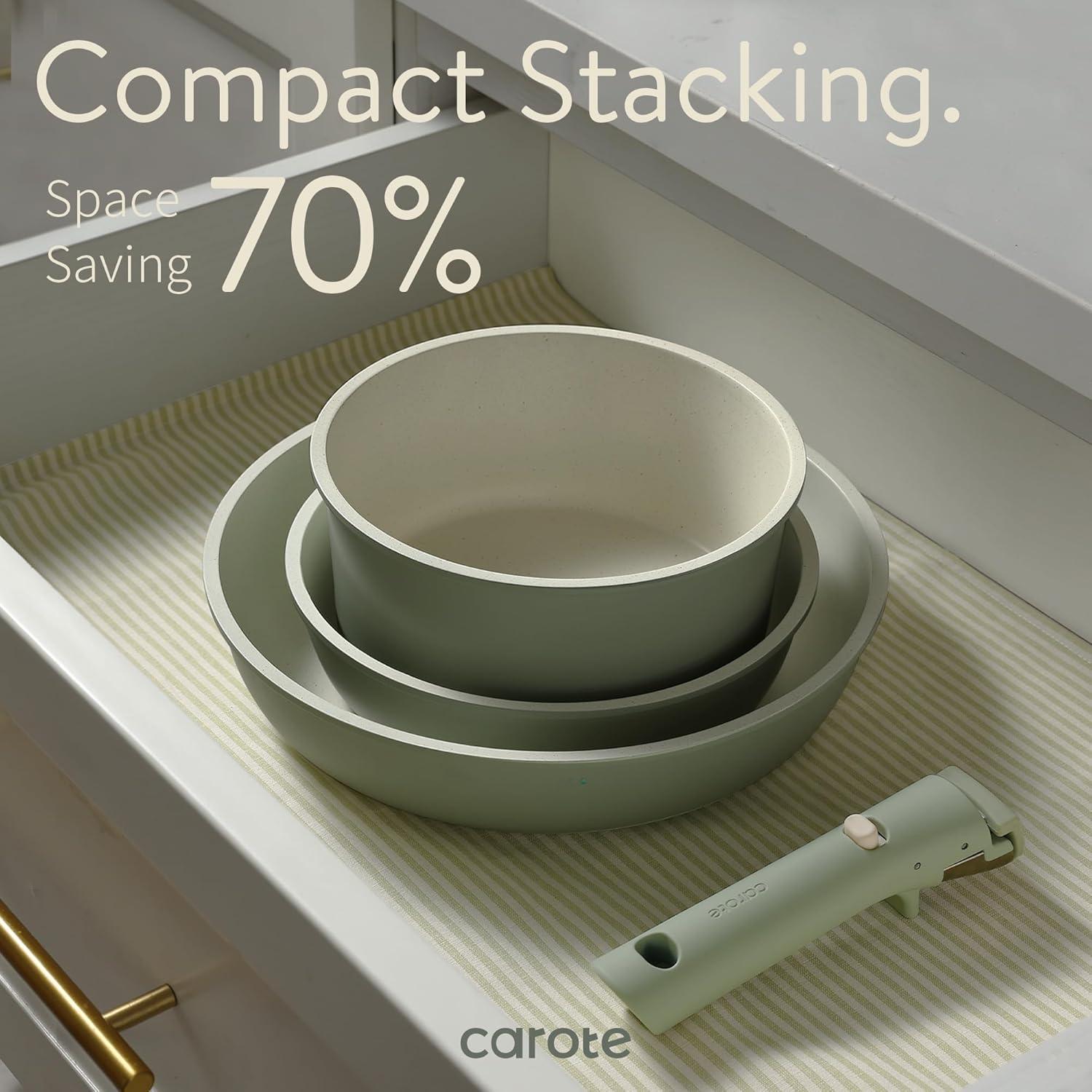 CAROTE 15-Teilig: Topfset abnehmbare Griffe, Antihaft Induktion Grün