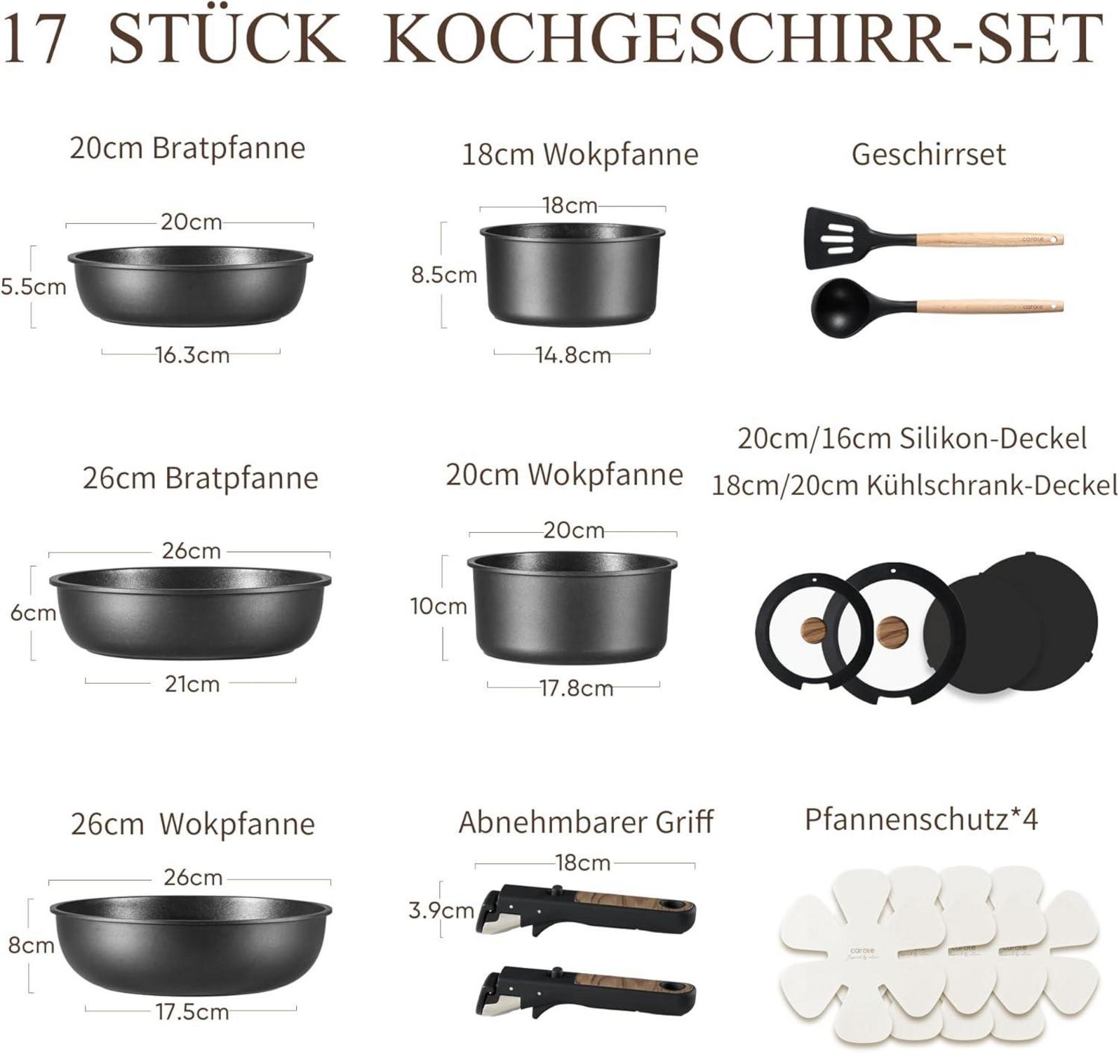 17-teiliges CAROTE Topfset mit abnehmbaren Griffen Schwarz