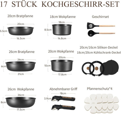 17-teiliges CAROTE Topfset mit abnehmbaren Griffen Schwarz