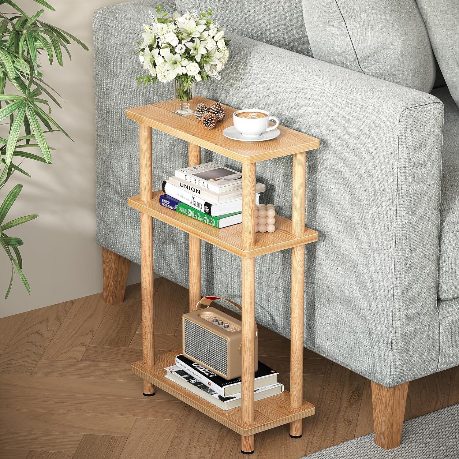 Schmaler Beistelltisch Holz 3 Etagen Stauraum 40x18x61.5CM Natur