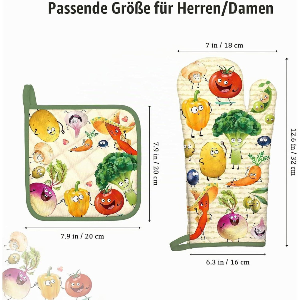 Gemüse Ofenhandschuhe & Topflappen Set aus Baumwolle