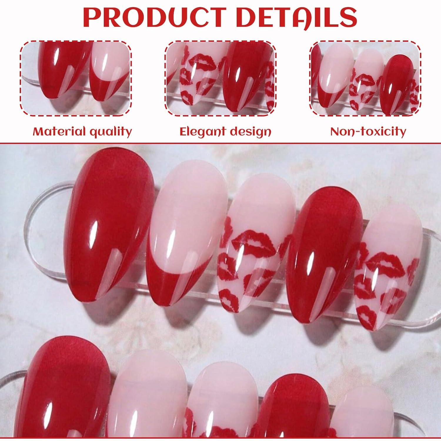 24er Set Valentinstag Press-On Nägel Mandelform Rot Lippen Glitzer