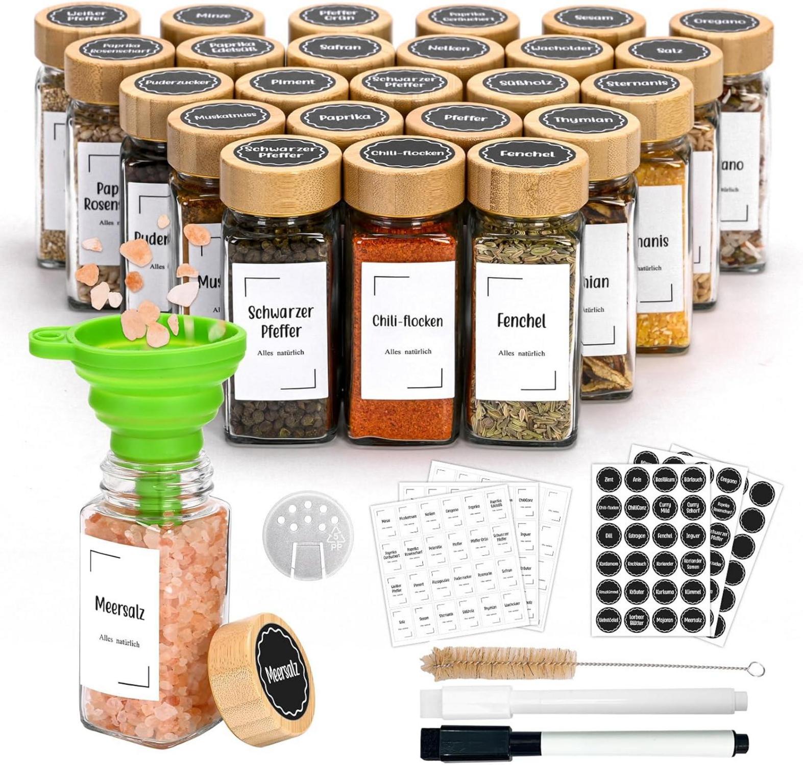 Gewürzgläser Set mit Bambusdeckel, 24er Eckig 120ml - Gewürzdosen