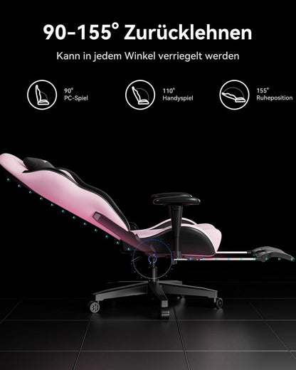 AutoFull C3 Gaming Stuhl Rosa Lordosenstütze Fußstütze