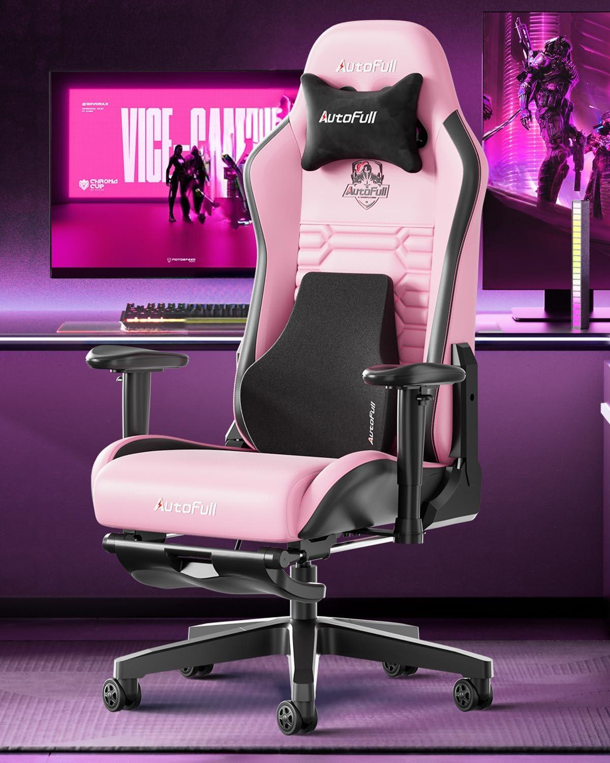 AutoFull C3 Gaming Stuhl mit Lordosenstütze und Fußstütze in Rosa