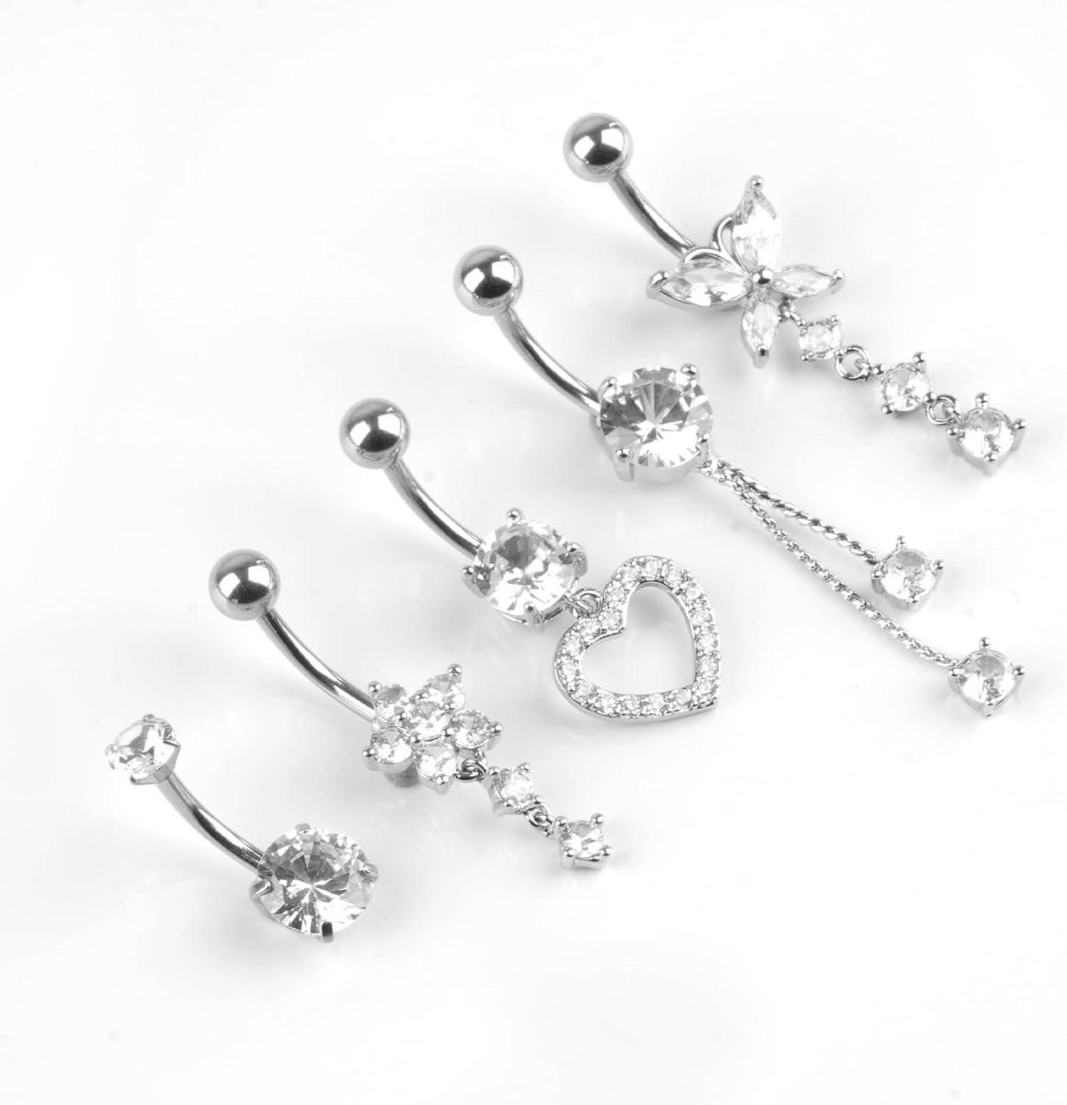 5er Set Bauchnabelringe Chirurgenstahl 14G Silber Herz Blume Piercing