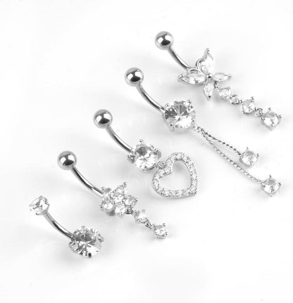 5er Set Bauchnabelringe Chirurgenstahl 14G Silber Herz Blume Piercing