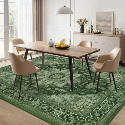 Großer Boho Teppich 160x230cm – Waschbar, Grün, Vintage Wohnzimmerteppich