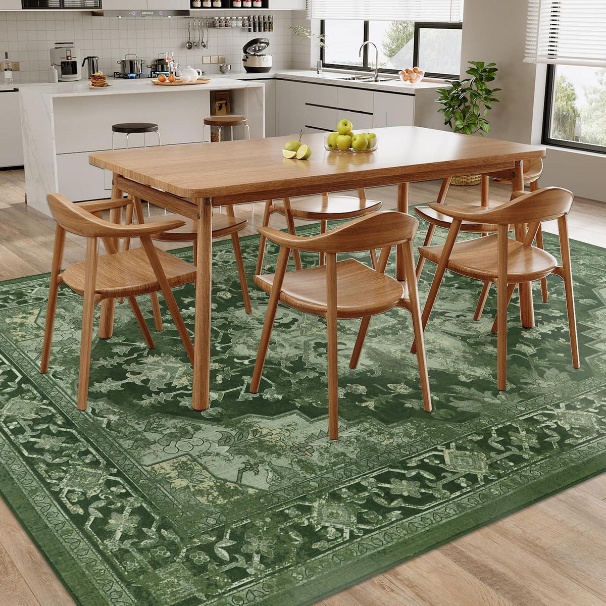 Großer Boho Teppich 160x230cm – Waschbar, Grün, Vintage Wohnzimmerteppich