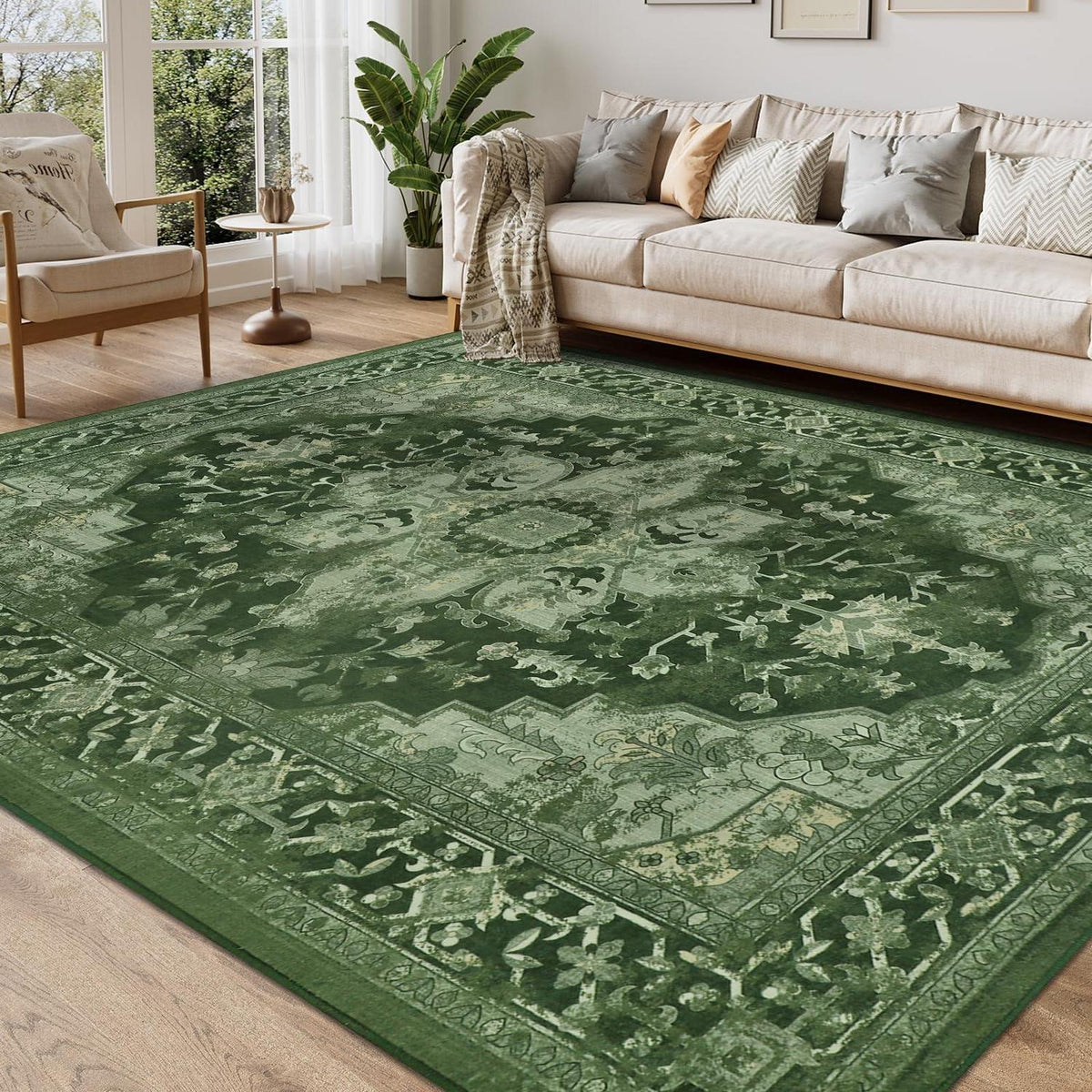 Großer Boho Teppich 160x230cm – Waschbar, Grün, Vintage Wohnzimmerteppich
