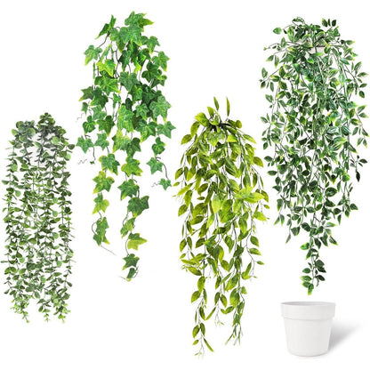 Künstliche Hängepflanzen 4er Set mit weißem Topf, 52-72cm