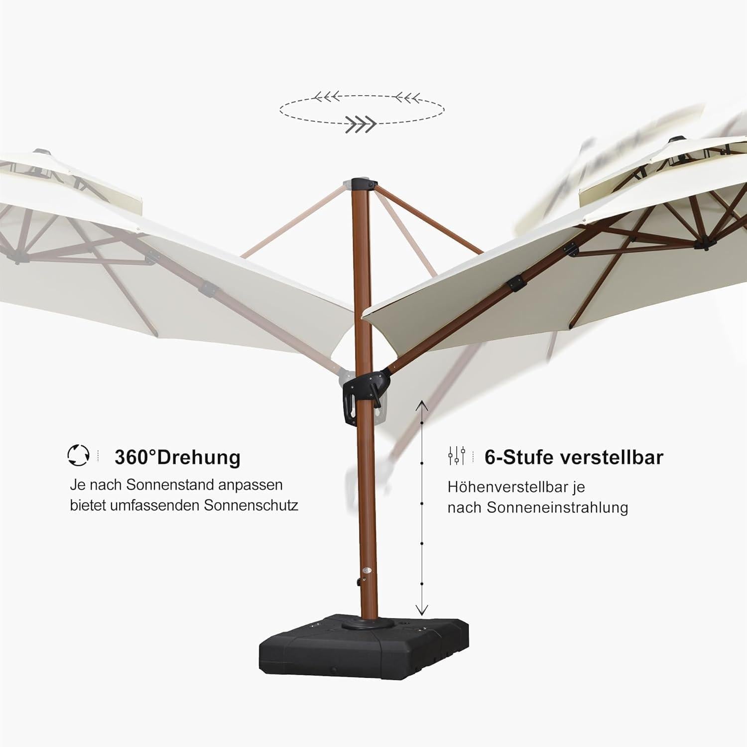 PURPLE LEAF Alu Holzoptik Sonnenschirm 365cm Doppeldach Ampelschirm UV50+ Cream
