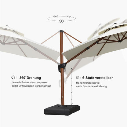 PURPLE LEAF Alu Holzoptik Sonnenschirm 365cm Doppeldach Ampelschirm UV50+ Cream