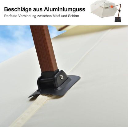 Alu Holzoptik Sonnenschirm 365 cm Doppeldach Ampelschirm 360° Drehbar