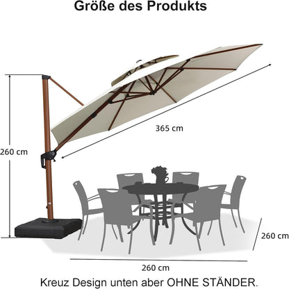 Ampelschirm Holzoptik 365cm Doppeldach Wasserabweisend UV50+ Cream