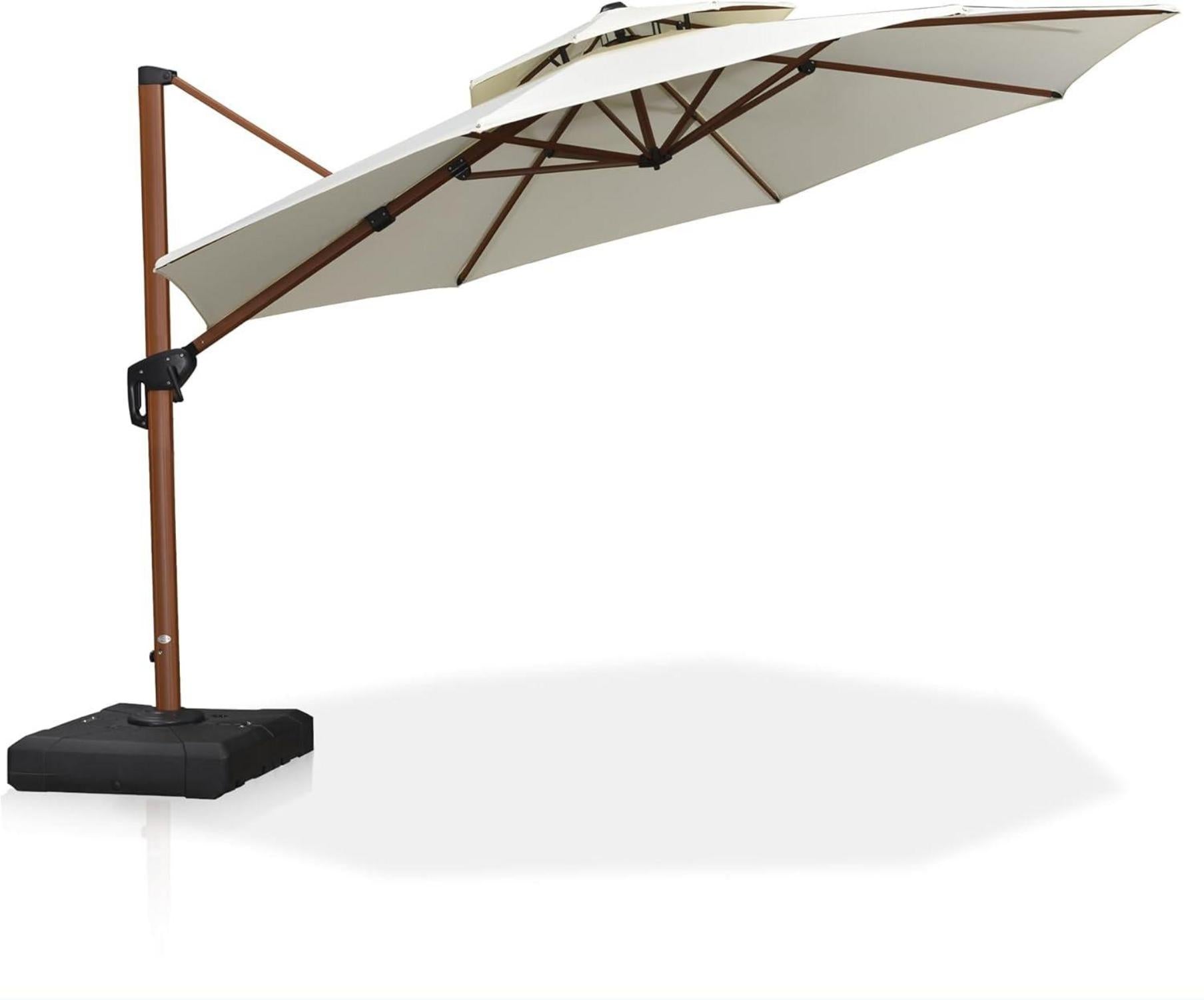 PURPLE LEAF Alu Holzoptik Sonnenschirm 365cm Doppeldach Ampelschirm UV50+ Cream