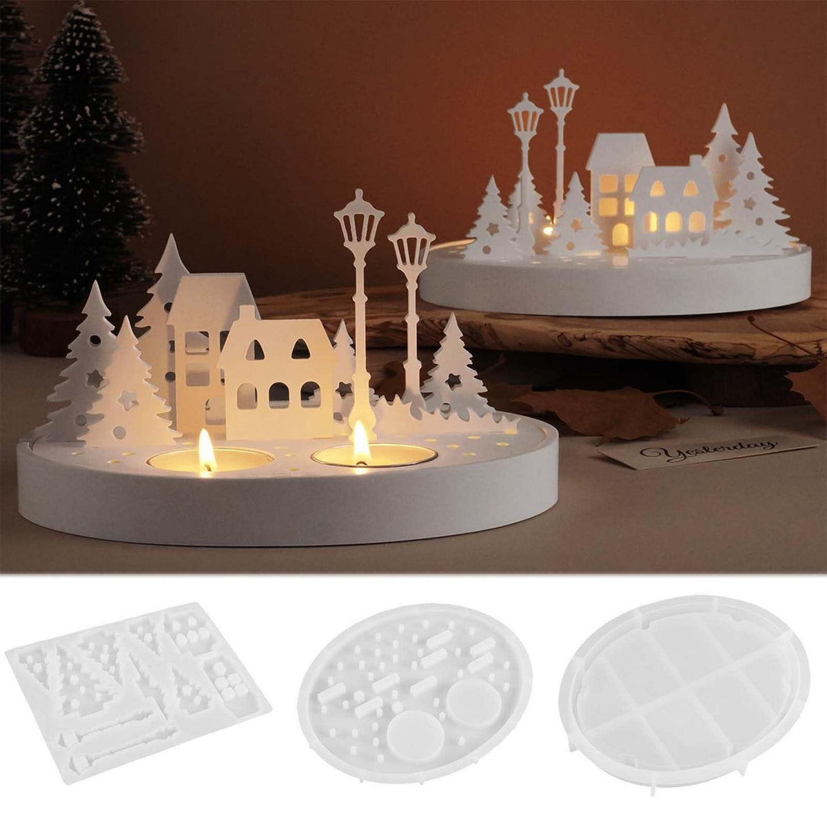 Silikonform Haus Baum Straßenlaterne – 3er Set für Gießharz & Kerzen
